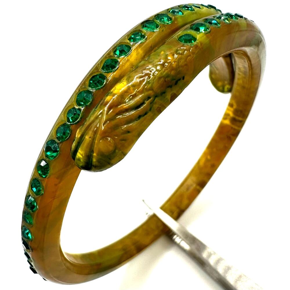 Antique Art Deco yellow celluloid green Czech rhinestones snake bangle bracelet